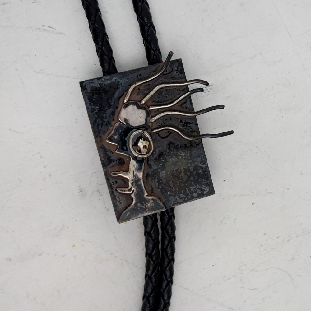 Kokopelli Style Hair/Face Abstract Metal Black Leather Bolo Tie Southwestern